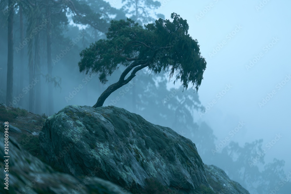 Obraz premium Misty pine ridge landscape with lichen-covered boulder foreground