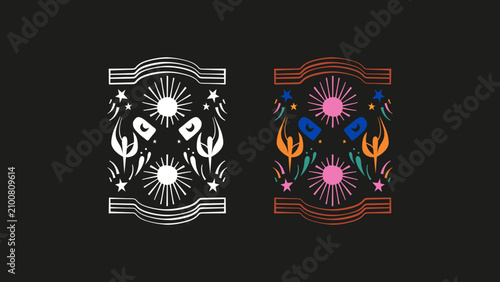 Billede på lærred Handmade mirrored celestial floral illustration with sun, moon and stars