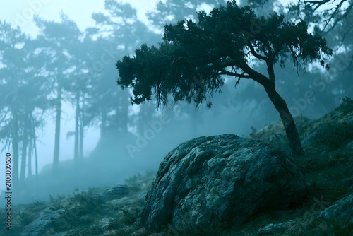 Fog-shrouded pine ridge with wind-bent tree at blue hour