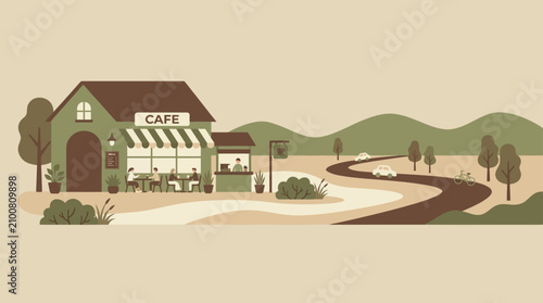 Countryside roadside cafe near a winding mountain road.