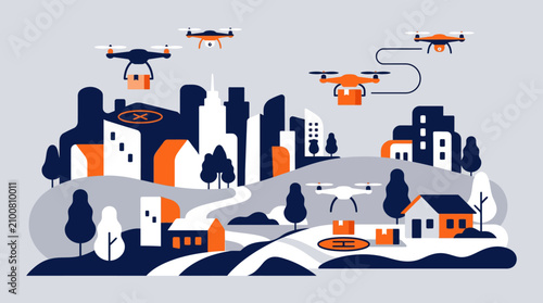 Network of delivery drones flying over city landscape.