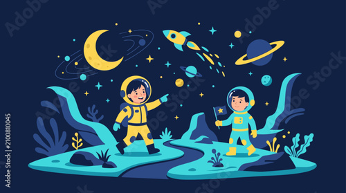 Child astronauts exploring space with planets and rockets.