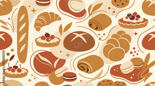 Seamless pattern of various breads and French pastries.