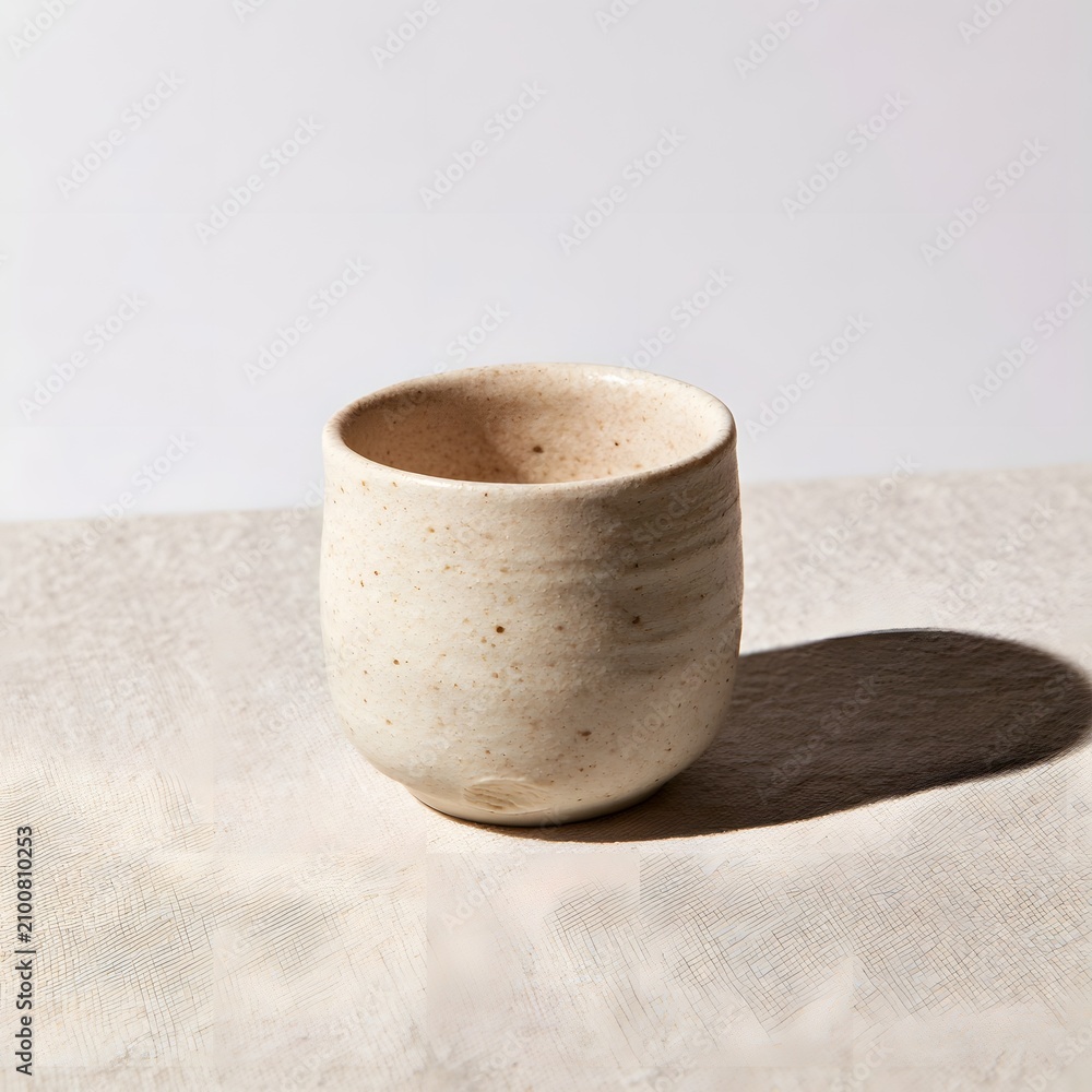 Obraz premium Speckled stoneware cup with dramatic side-light shadow on linen
