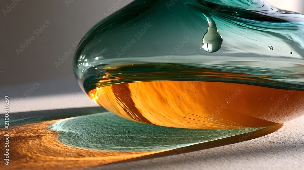 Obraz premium Sculptural hand-blown glass form in teal and amber with reflection