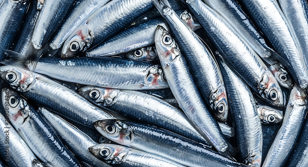 Obraz premium Fresh silver sardine and anchovy fish pile at the seafood market for healthy cooking