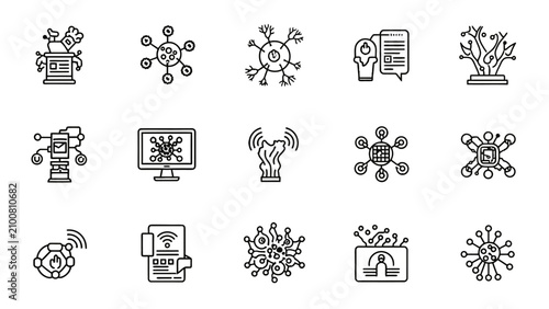 Foto Black and white line icons depicting various viruses and bacteria