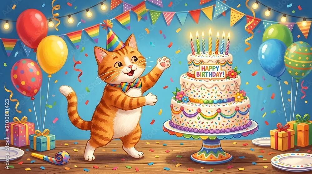 Naklejka premium Festive orange tabby cat celebrating a birthday with a decorated cake
