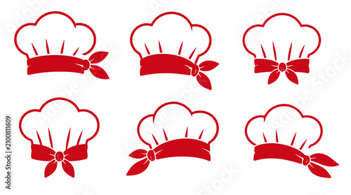 Foto Set of professional chef hats with red ribbon accents.