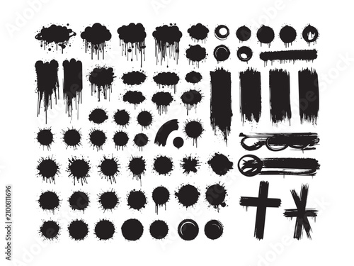 Vector spray paint splatters, drips, and graffiti stroke elements set on white background.