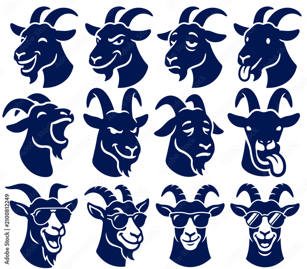 Fototapeta premium Set of goat head icons with various expressions and sunglasses, cool looking