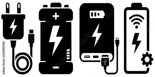 Collection of electric battery charging and power icons with charging