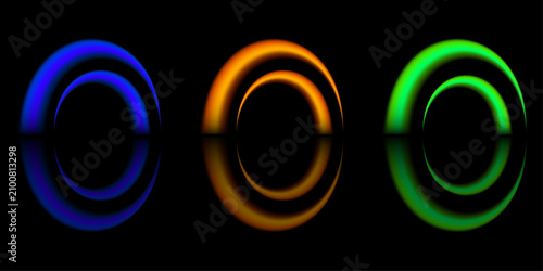 Bild auf Leinwand Vibrant circular light effect trio blue orange and green glows on black backgrou