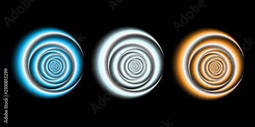 Bild auf Leinwand Hypnotic circular light effect trio blue white and orange swirls on black backgr
