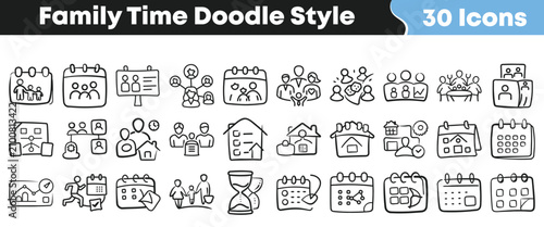 Hand drawn doodle style icons depicting various family time activities