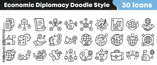 Bild auf Leinwand Set of hand drawn economic diplomacy icons in doodle style
