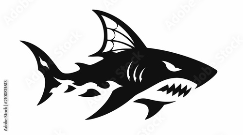 Fotografie Aggressive shark silhouette with sharp teeth and dorsal fin.