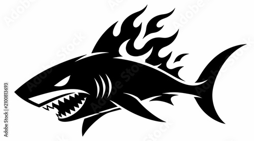 Fotografie Aggressive shark with flaming dorsal fin mascot logo.