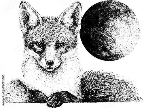 Fox with cunning gaze and textured moon in black and white stipple illustration for tattoo print poster and mystical artwork