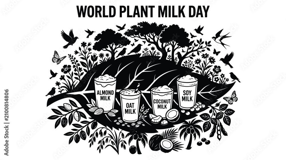 Fototapeta premium Four glasses of various plant based milks arranged on a large black and white leaf