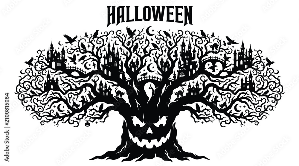 Naklejka premium Scary halloween tree silhouette featuring intricate spooky castle architecture with dark crows and crescent moons