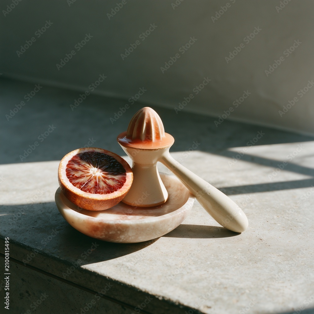 Fototapeta premium Blood orange and ceramic reamer still life on concrete counter