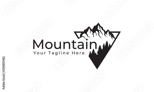 Mountain logo with pine trees and geometric triangle adventure and nature concept vector illustration