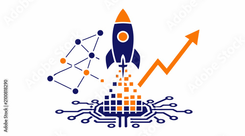 Tech startup rocket launch with data growth analytics.