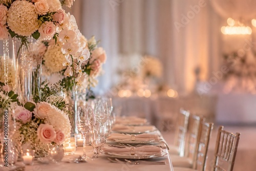 Elegant table setting with flower arrangements at a luxury wedding reception.