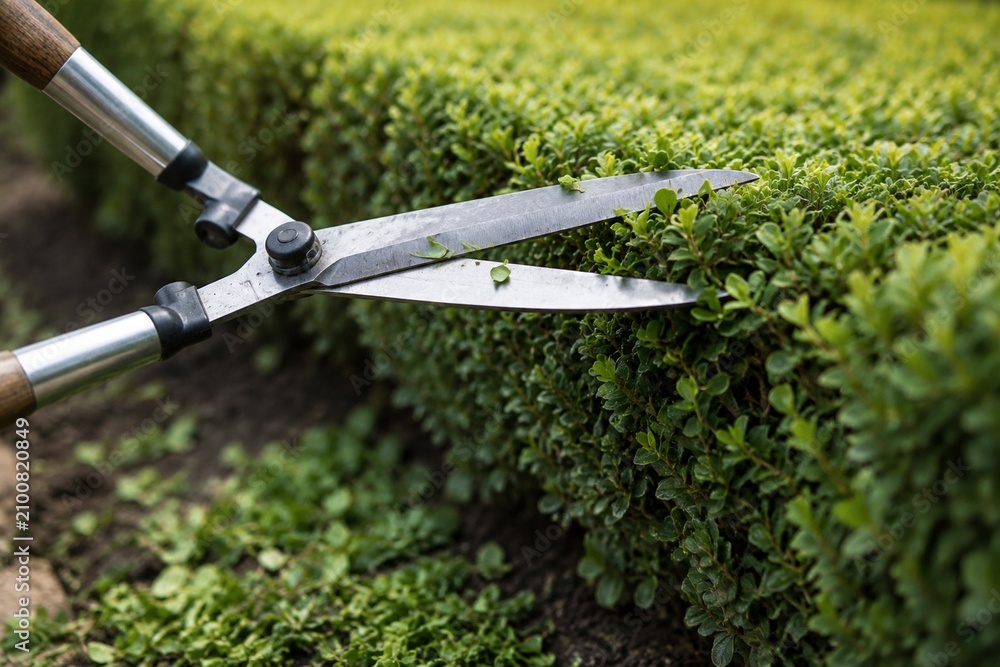Obraz premium Sharp garden shears trimming a manicured green hedge, fresh cuttings on soil.