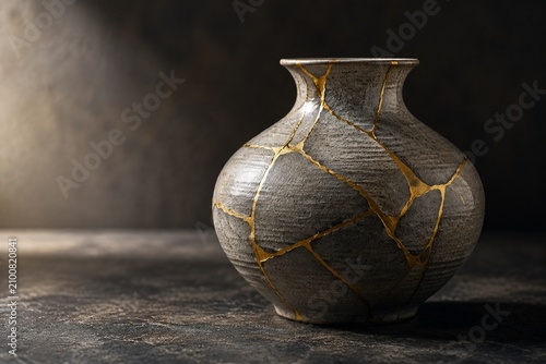 A ceramic vase repaired with golden kintsugi on a dark surface.