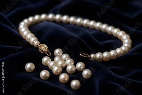 Pearl necklace with undone clasp, pearls spilling onto dark velvet fabric.