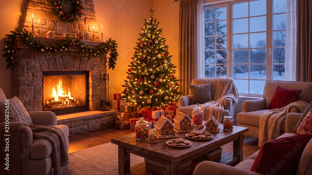 Obraz premium Cozy Christmas living room interior with decorated Christmas tree, glowing fireplace, warm string lights and wrapped gift boxes, festive winter holiday home atmosphere