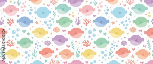Cute Pastel Ocean Pattern with Pufferfish, Coral, and Bubbles