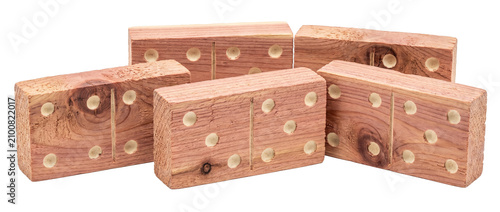 Wooden dominoes game pieces rustic cedar wood tiles isolated on black background, hand carved vintage block toy set with textured natural grain detail for traditional leisure, strategy, and recreation