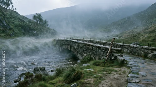 Obraz Foggy stone footbridge crossing a highland stream in overcast light