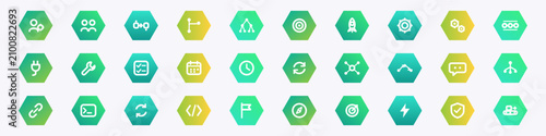 Foto AI agents and automation icons set of 30 in green gradient hexagons, Agent workf