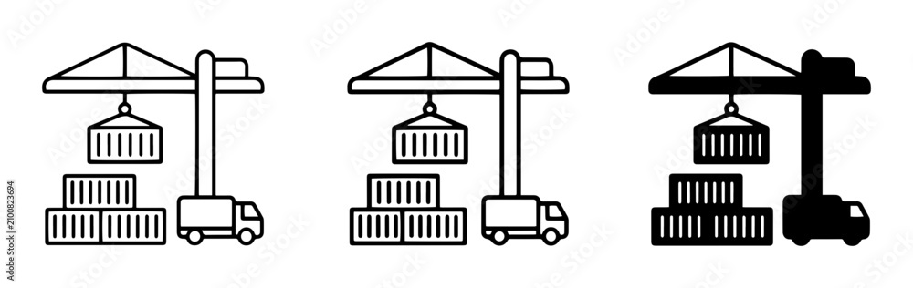 Fototapeta premium Container Crane Icons, Shipping Logistics, Cargo Transport, Port Operations, Industrial Vector Set