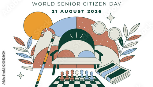 Colorful flat illustration celebrating world senior citizen day with leisure activities