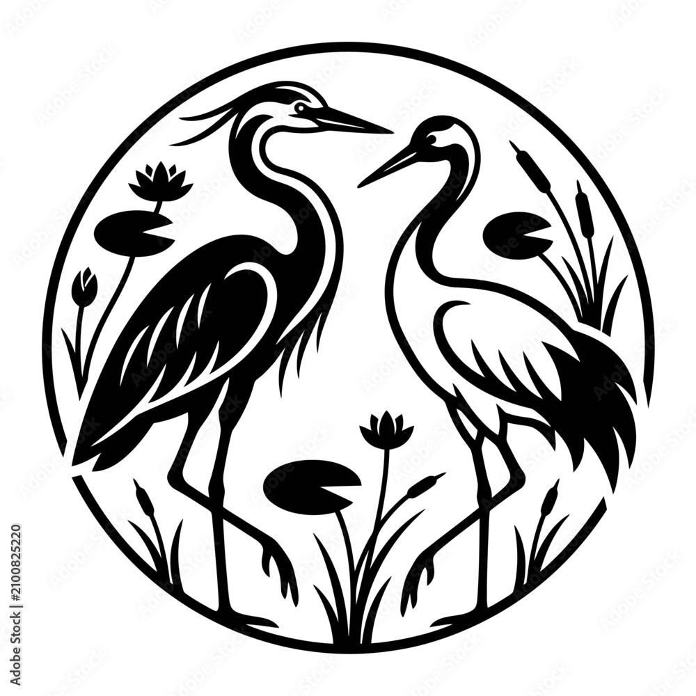 Obraz premium Heron and crane silhouette with lotus flowers in circle