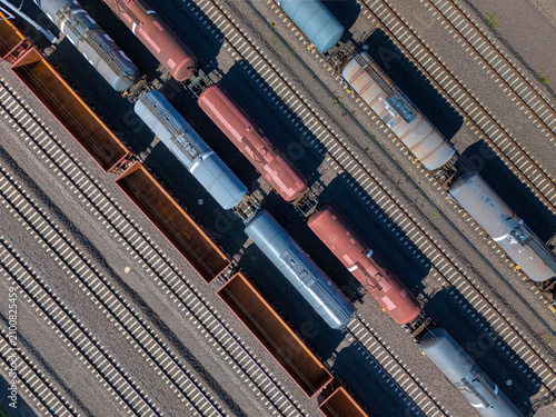 Aerial Top Down View of Freight Train Tanker Cars on Railway Tracks