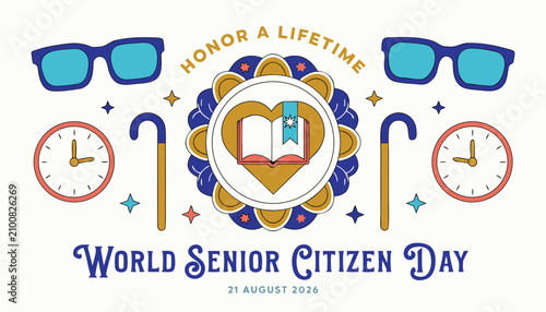 Colorful graphic design celebrating world senior citizen day with icons