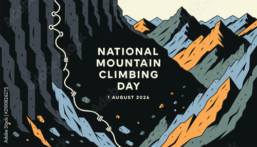 Artistic illustration representing national mountain climbing day with steep rocky peaks
