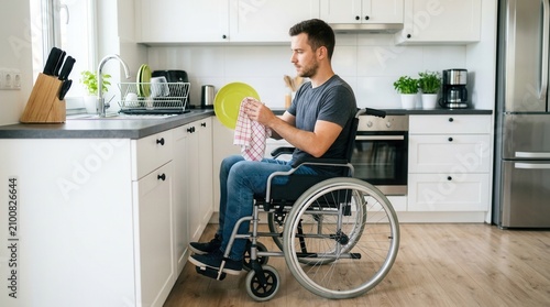 Man in a wheelchair drying a green plate with a cloth in a contemporary kitchen setting.