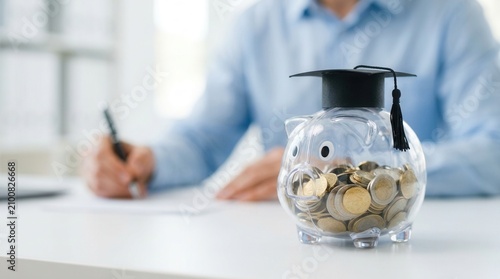 Concept of school education budget savings with a clear piggy bank wearing a graduation cap.