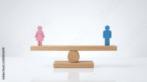 Equal rights and gender equality represented by balanced pink and blue human figurines on a wooden lever.