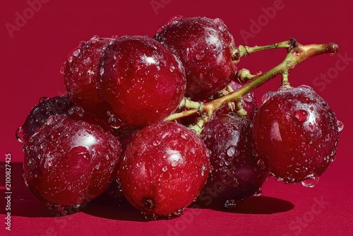 Ripe grapes glazed with syrup on deep red background
