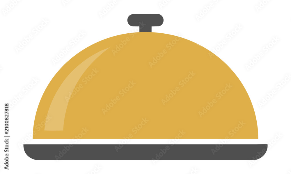 Fototapeta premium Minimalist restaurant food cloche icon with golden lid and charcoal base on white background hospitality service concept