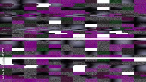 Corrupted Digital Glitch Signal with Purple and Monochrome Pixelated Data Blocks