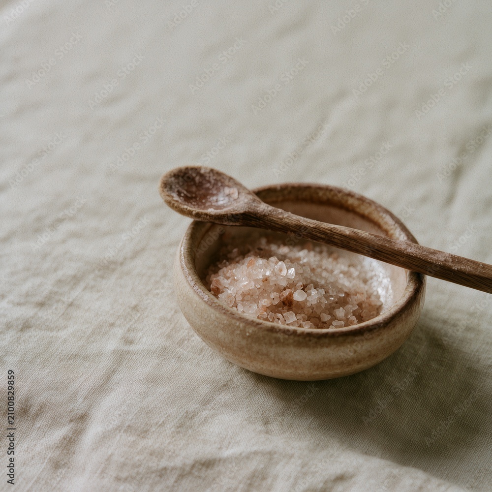Fototapeta premium Pink Himalayan salt in stoneware cellar with weathered wooden spoon